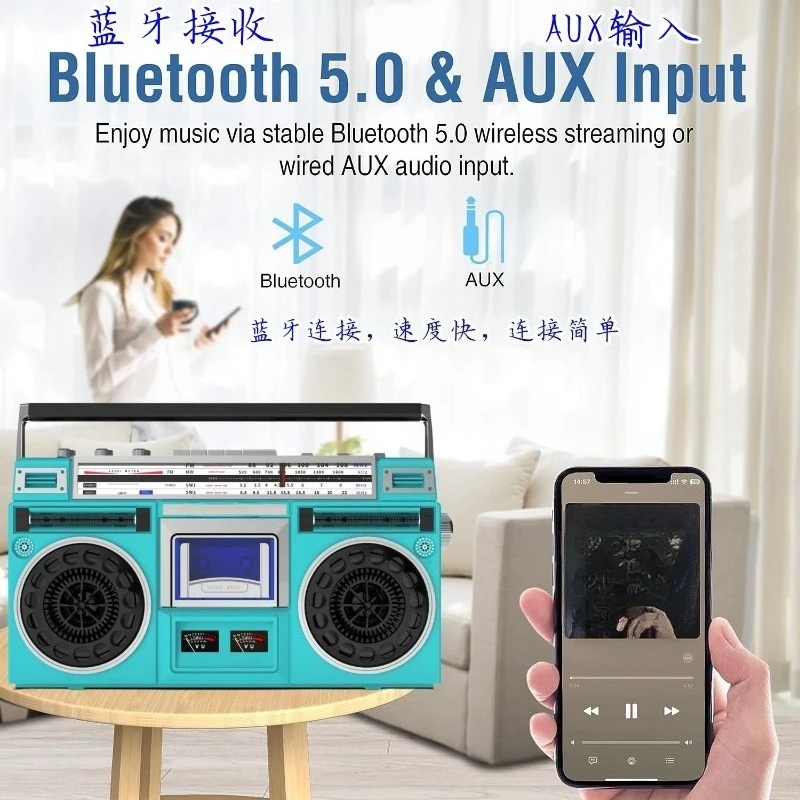 Retro Cassette Bluetooth Radio with Dual Stereo Speakers-USB Audio Input/Recording,Tape-to-USB Transcription,FM/AM