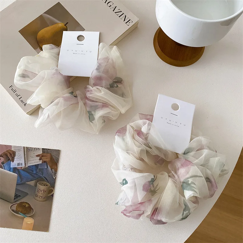

High Quality Mesh Fabric Pleated Floral Large Elastic Scrunchie Sweet Hair Accessories Fresh Chiffon Head Rope For Woman Girls