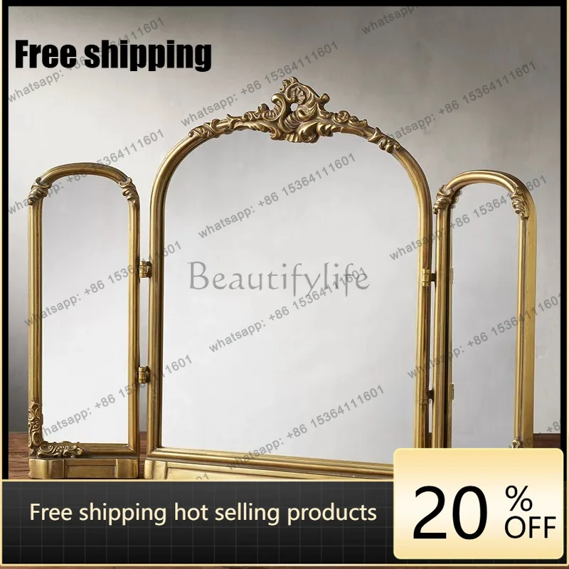 YJ French Vintage Tri Fold Desktop Vanity Mirror European Foldable 3 Panel Makeup Mirror For Bathroom Dressing Table