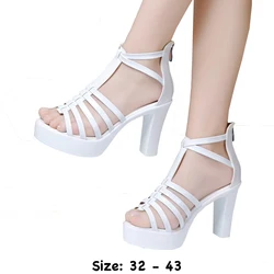 High quality summer leather sandals for women 10cm high heel 2024 size 32 33 43 platform open toe elegant shoe black white