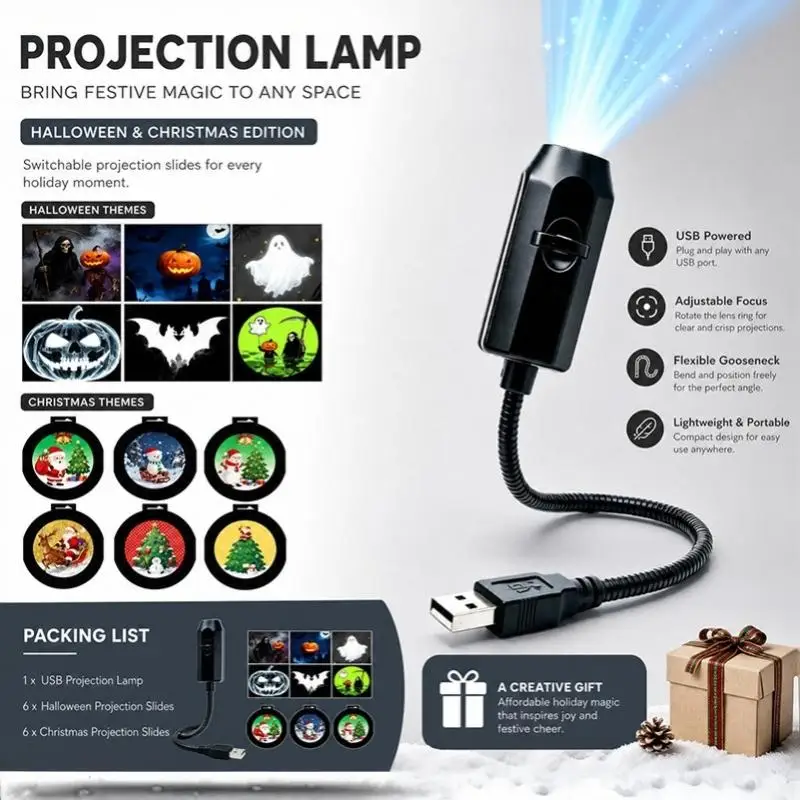 Portable Mini USB LED Projector Light Christmas Halloween Patterns for Bedroom Indoor Party Decor Gift