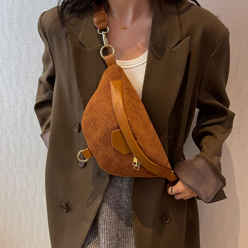 Casual Corduroy Crossbody Bag For Women Fanny Waist Pack Simple Travel Phone Purse Large Canvas Waist Bag Banana Hip Belt Bag