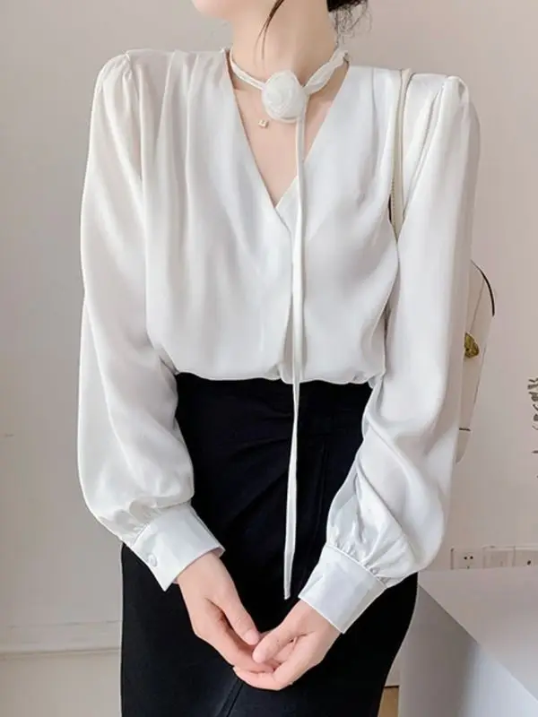 Temperament Chiffon Loose Blouse Spring Autumn New Long Sleeve V Neck Solid Elegant Shirt Tops Fashion Korean Women Clothing