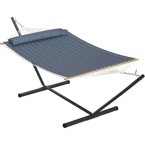 Double Cotton Hammock with Stand, Hammock with Adjustable Steel Frame | Portable Freestand Hammock Set Includes Carry Bag, Padded Polyester Pad & Pillow, 450 lb Capacity for Garden/Backyard/Travel
