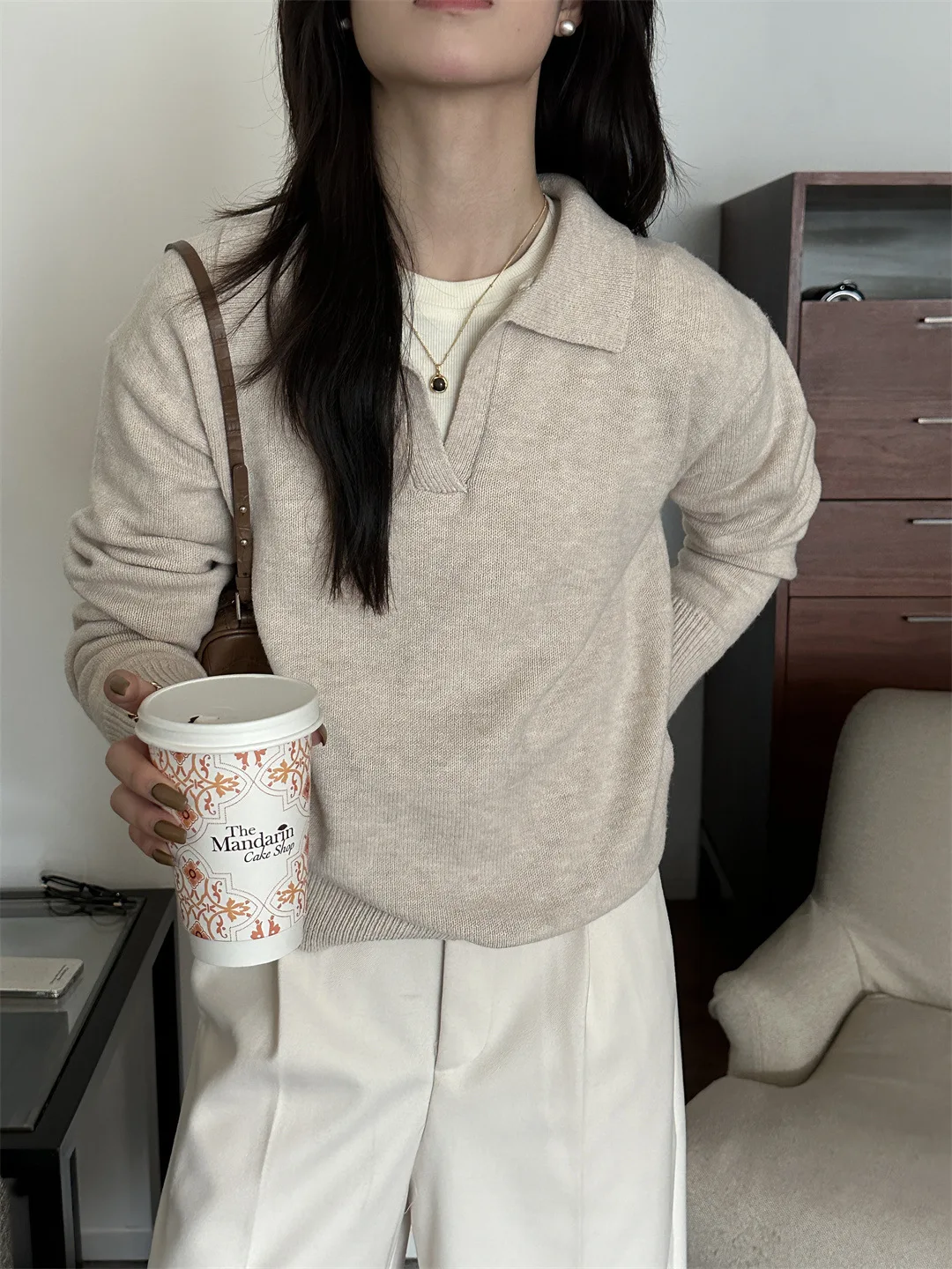 Loose Fit Polo Collar Long Sleeve V-Neck Knitwear Women's Fashion Autumn Winter New Style Casual Comfortable Korean Style Top
