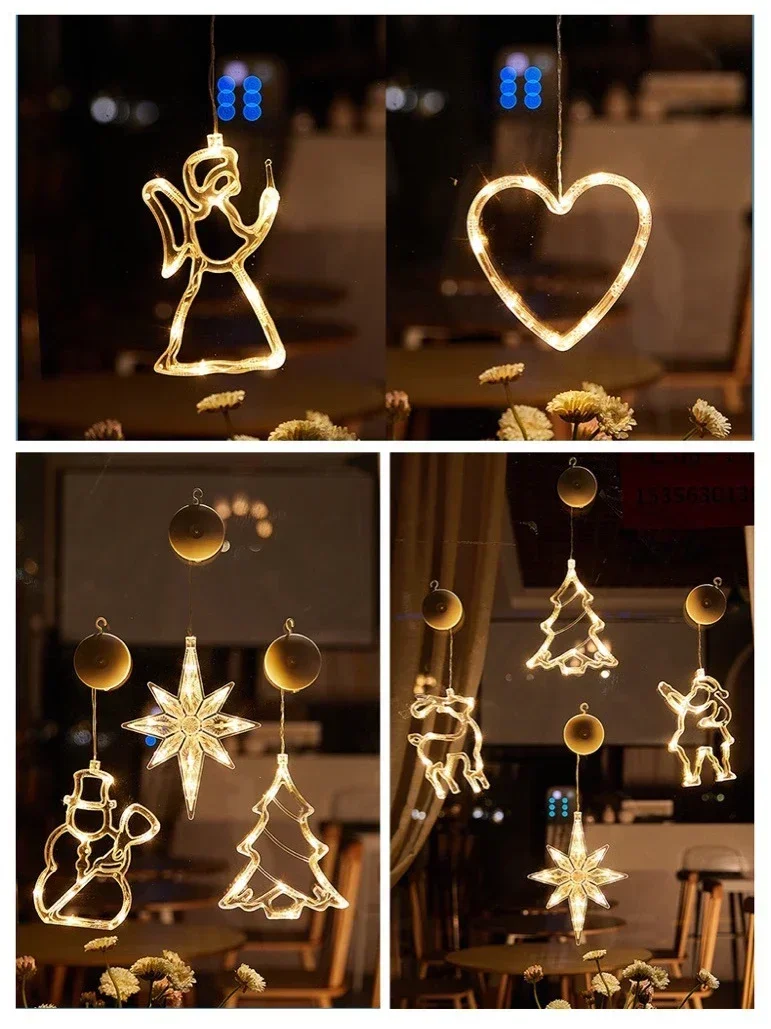 LED Light Snowflake Santa Window Ornaments Decoration for Home Xmas Navidad New Year Christmas Decor Fairy Lamp String Lights