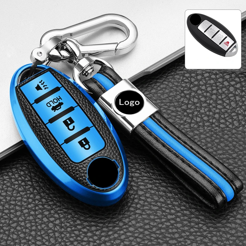 For Nissan Key Fob Cover with Leather Keychain Soft TPU 360 Degree Protection Key Case for Altima Maxima Rogue Armada Pathfinder