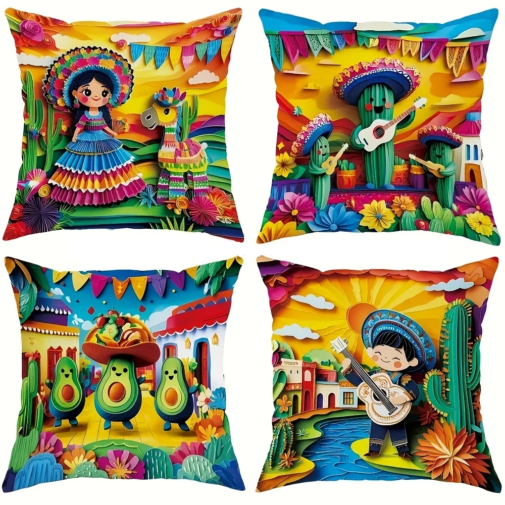 1PC 2D Flat Mexican Fiesta Themed Throw Pillow Covers Cute Paper Cut Style Decorative Cushion Cases for Home Party