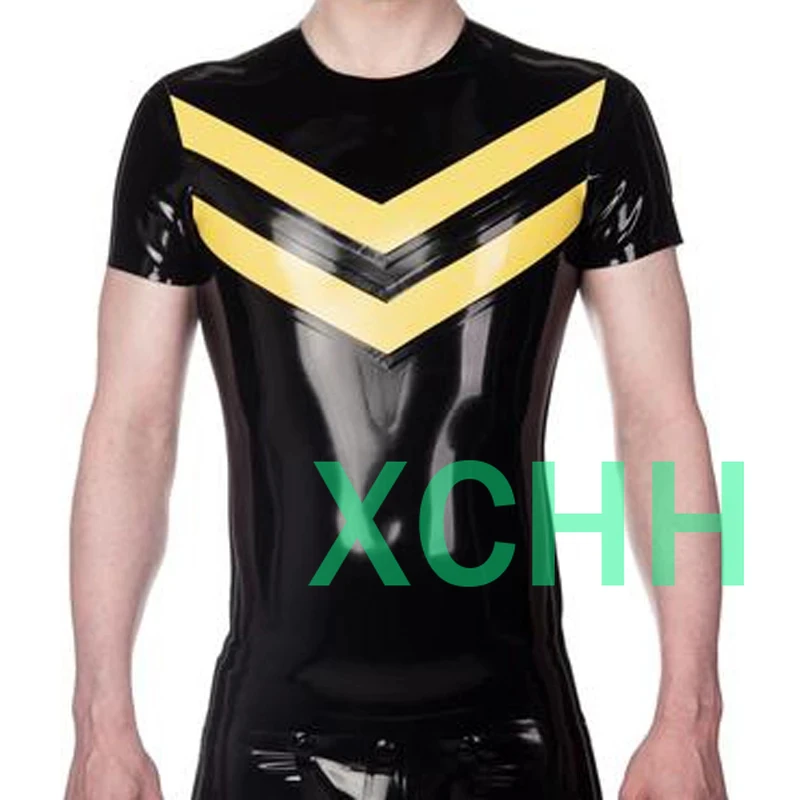 

Fashion Sexy Latex Rubber T Shirt Tops Black with White for Men