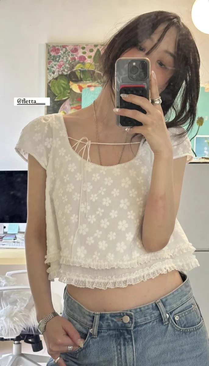 

Romantic Floral White irt And ter Skirt Set Women's Summer New Sle Breathable Cotton ort Sve Skin-friendly Thin