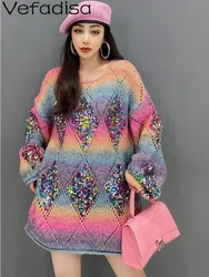 Vefadisa 2024 Spring Autumn New Low Round Neck Pullover Sweater Women Long Sleeves Sequin Hollow Knitwear Large Size ZXF416B