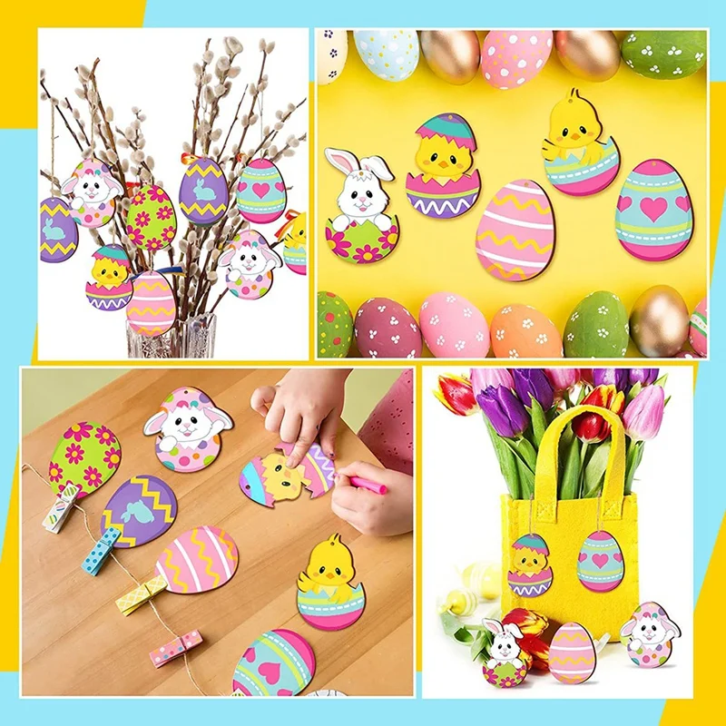 24PCS Easter Day Wood Ornaments Hanging Decoration For Home Office Party Classroom Decor Bunny Flower Style With Lanyard