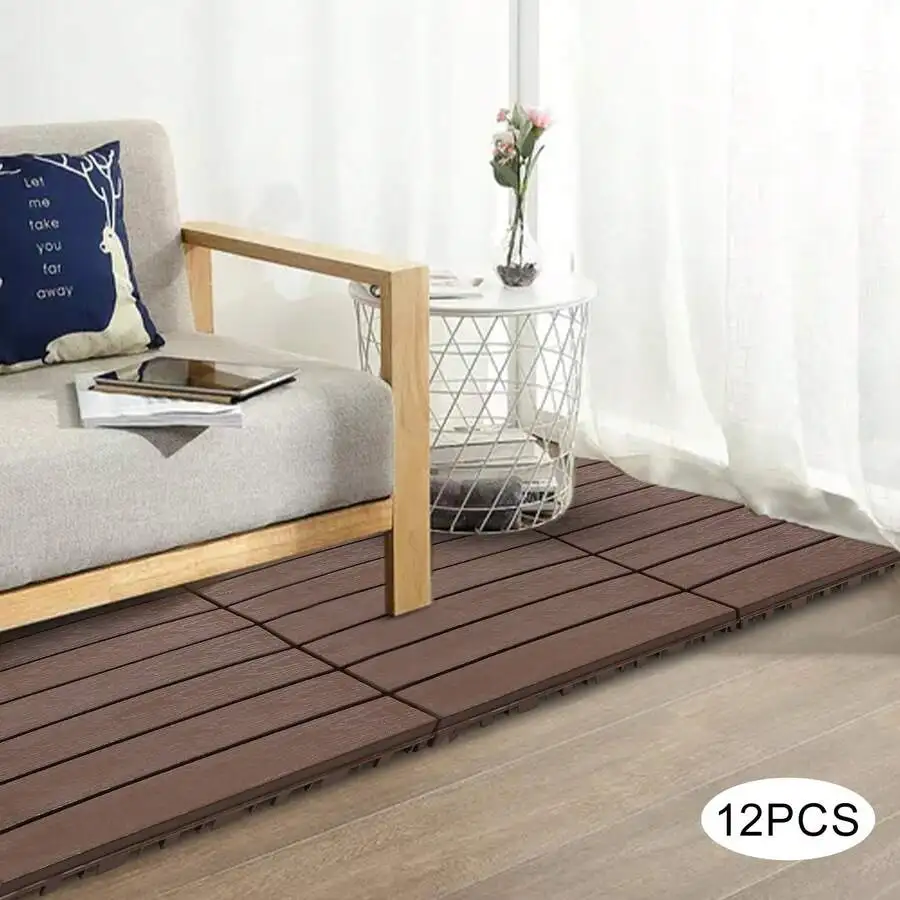 12 Piece Interlocking Deck Tile Balcony Floor, Plastic Wood Interlocking Floor, 30 * 30cm/12 * 12 Inches, Quick Drainage