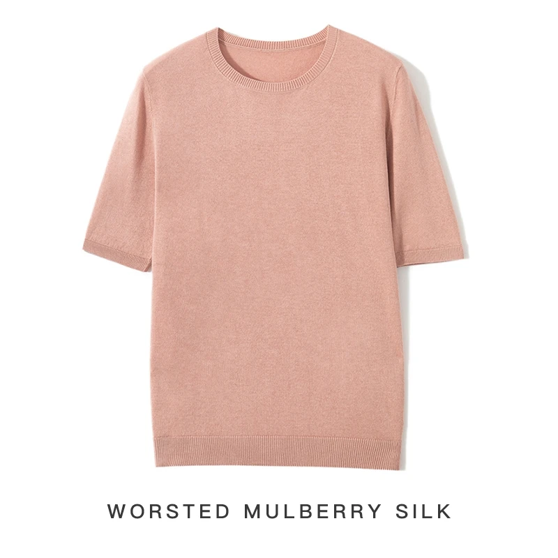 85% Mulberry Silk and 15% Cashmere Short Sleeved Women\'s Summer Round Neck Pullover Vest Casual Knitted T-Shirt Thin Top