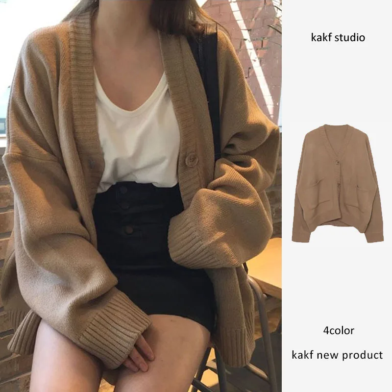 

Loose V-Ne Knitted Open Cardigan Women's Sle Korean Version Lazy Faion Sweater Versatile Long Sve Button up Coat