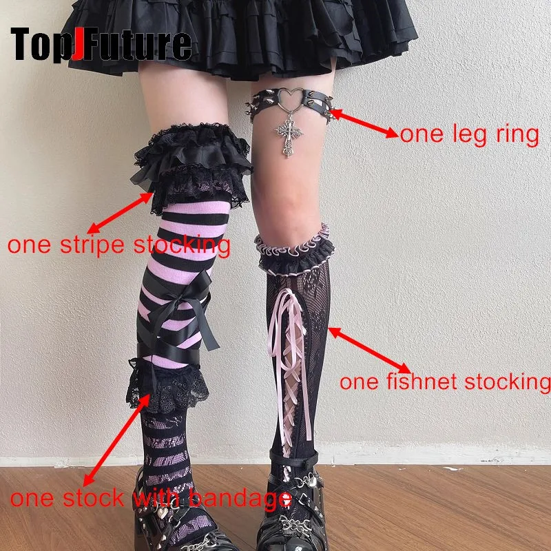 Gothic Lolita Punk Harajuku Lace Ruffle Bownet Stockings Y2K Girl Socks Female Long Stocking JK Women's Uniform Socks Leg ring view 6