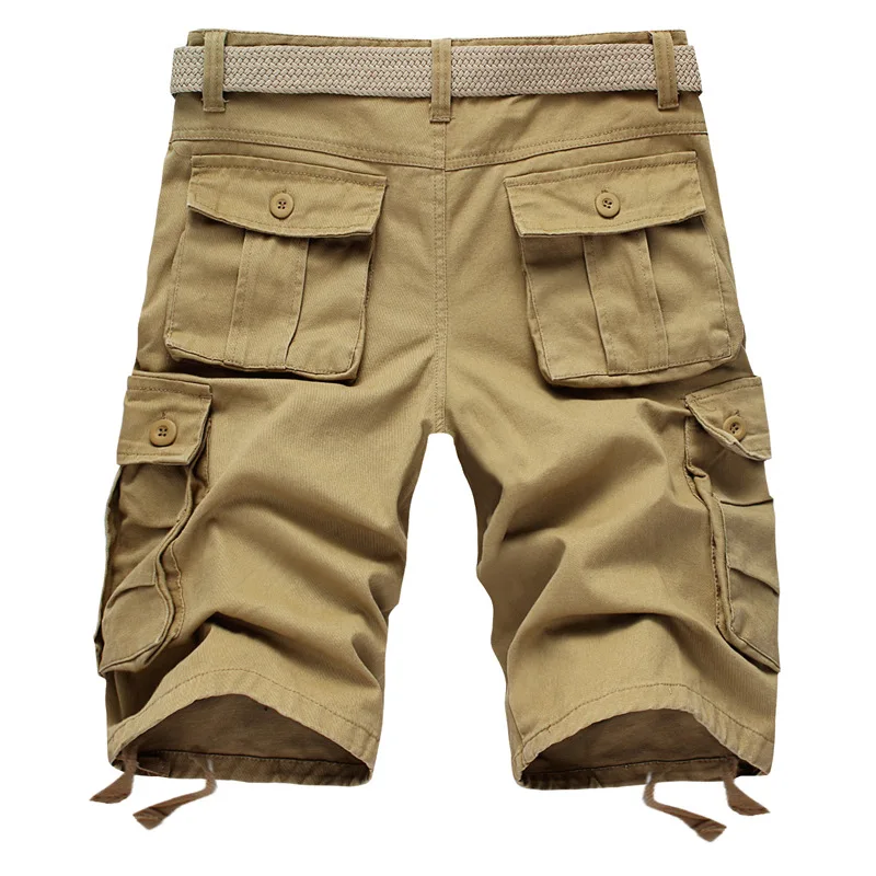 Summer Cotton Cargo Shorts Men Multi Pocket Solid Color Mens Casual Shorts Fashion Military Knee Length Short Pants No Belt