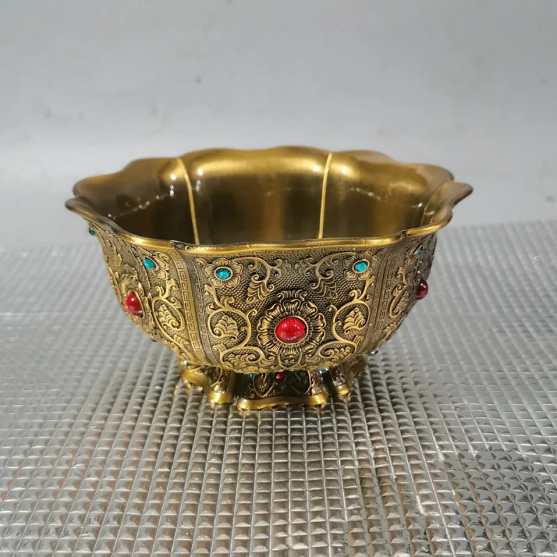 

Antique Gilding Bowl Gem Inlaid with Bottom Flower Blooming Rich Golden Dragon Six Sides Gem Bowl Decoration Living Room