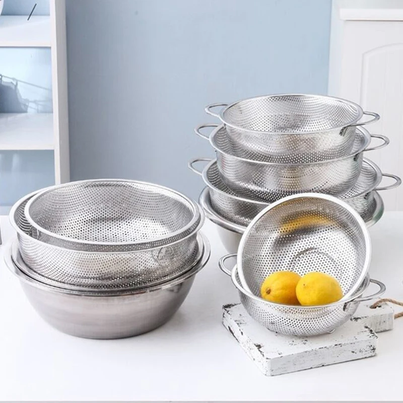 All Purpose Stainless Steel Fine Mesh Strainer Net Baskets With Handles Resting Base Colander Set Kitchen Supplies