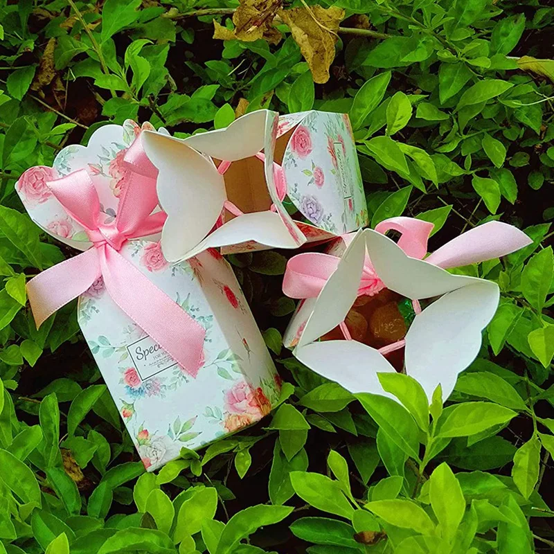 50 Pcs Floral Pattern Candy Boxes Wedding Bridal Shower Baby Birthday Party Favor Gift Box With 50Pcs Light Pink Ribbon