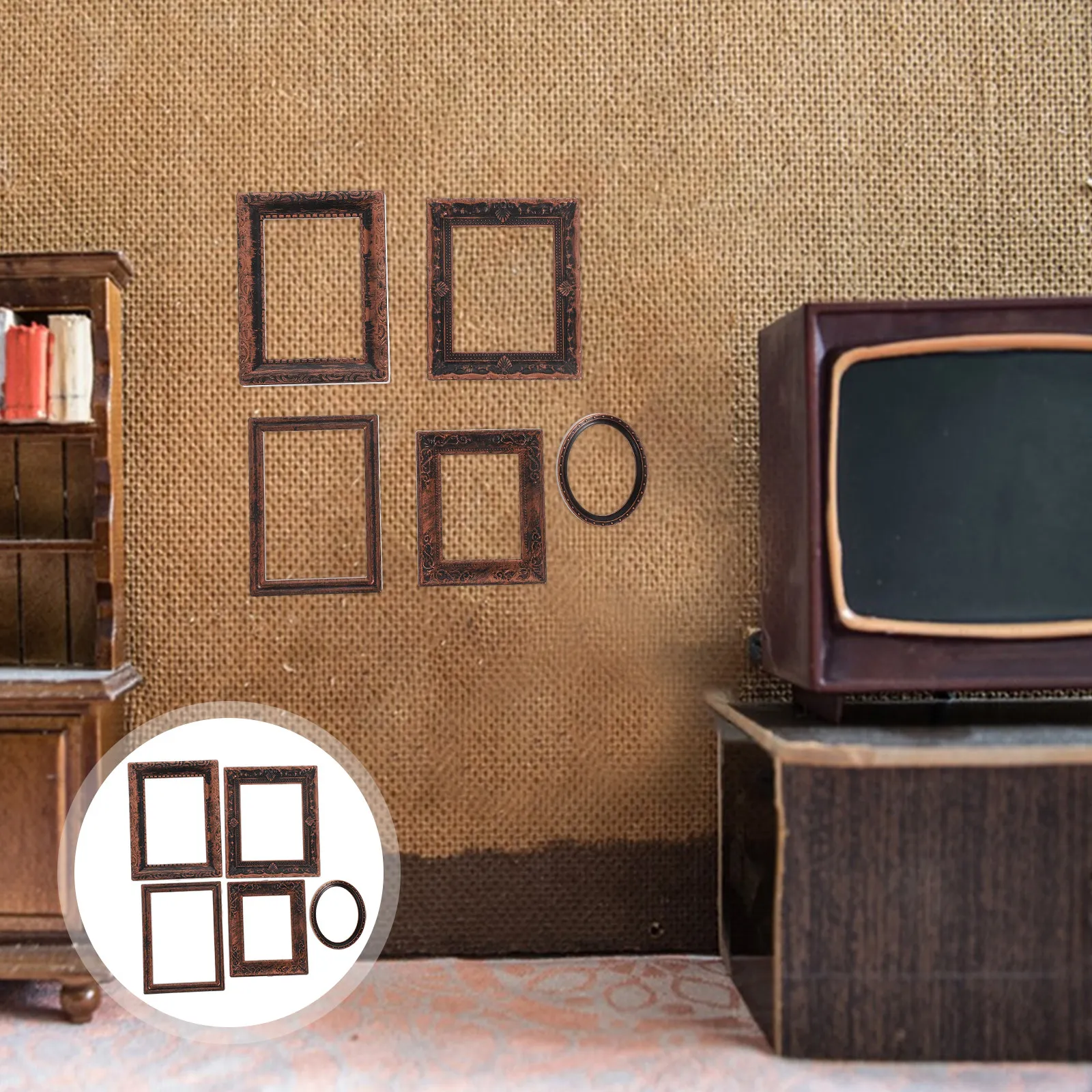 

5 шт. миниатюрных винтажных бронзовых фоторамок, элегантное исполнение, для аксессуаров для кукольных домиков, масштаб 1:12, маленькие рамки