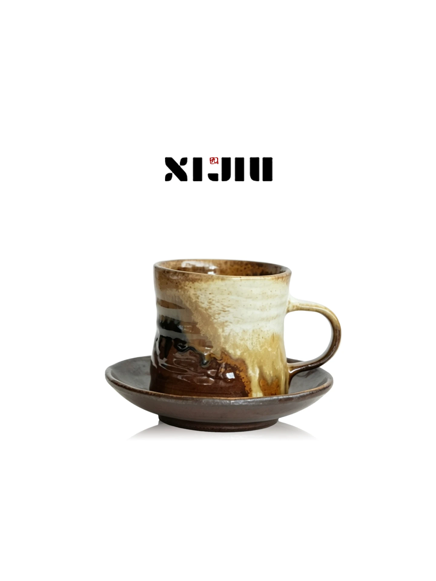 Handmade Caramel Colored Original Japanese Style Ceramic Coffee Cup 400ml with Lid And Mat for Coffee Lovers And Gifts