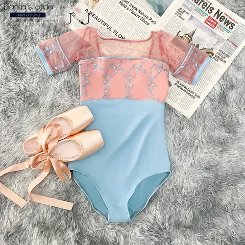 여성용 발레 레오타드, 반팔 스티칭 메쉬 자수 체조 레오타드, 발레리나 공연 의류