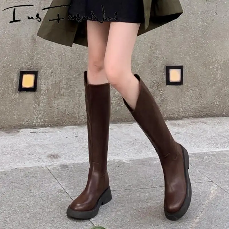 Genuine Leather Solid Color Knee High Boots Women Chunky Round Toe Back Zipper Knight Boots Autumn Winter Office Lady Booties