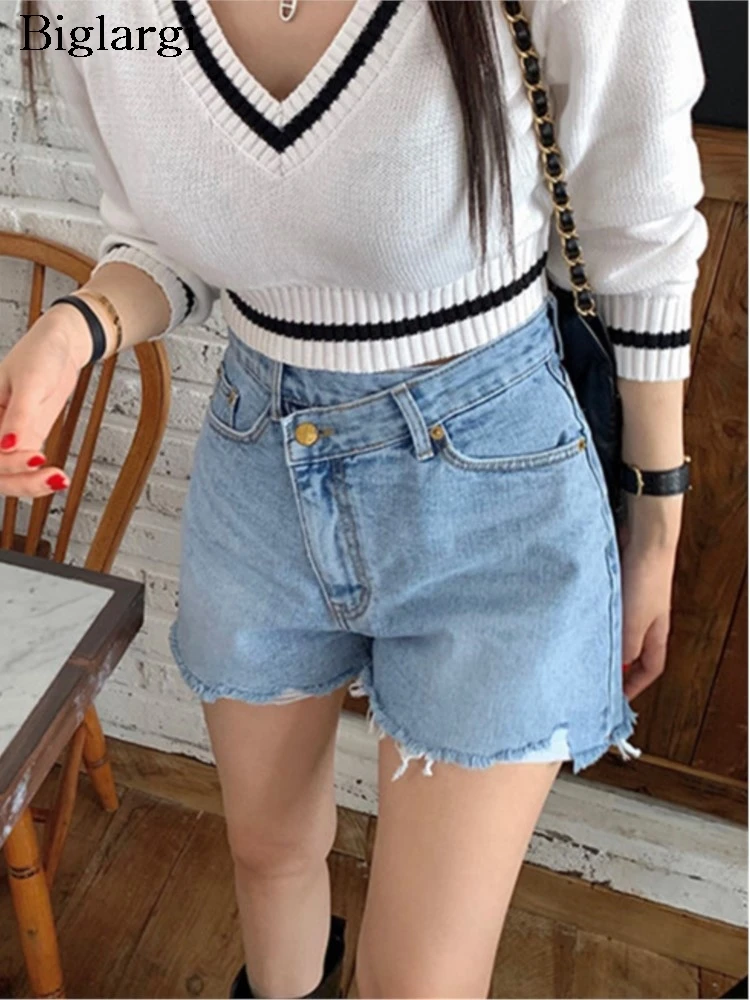 

Jeans Summer Irregular High Waist Shorts Women Letter Print Fashion Retro Ladies Trousers Korean Style Loose Pleated Woman Short