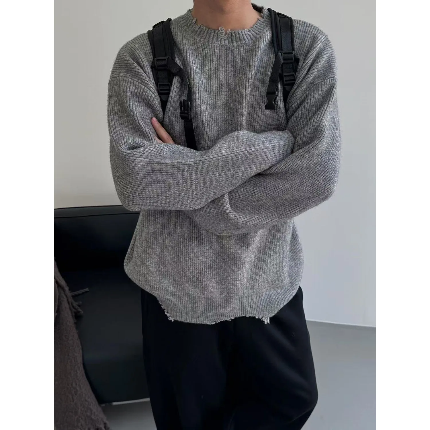 

Autumn Winter Large Size Men's ey Destroyed Sle Knitted Sweater CleanFit Loose Inner Wear Base irt Polyester Fiber