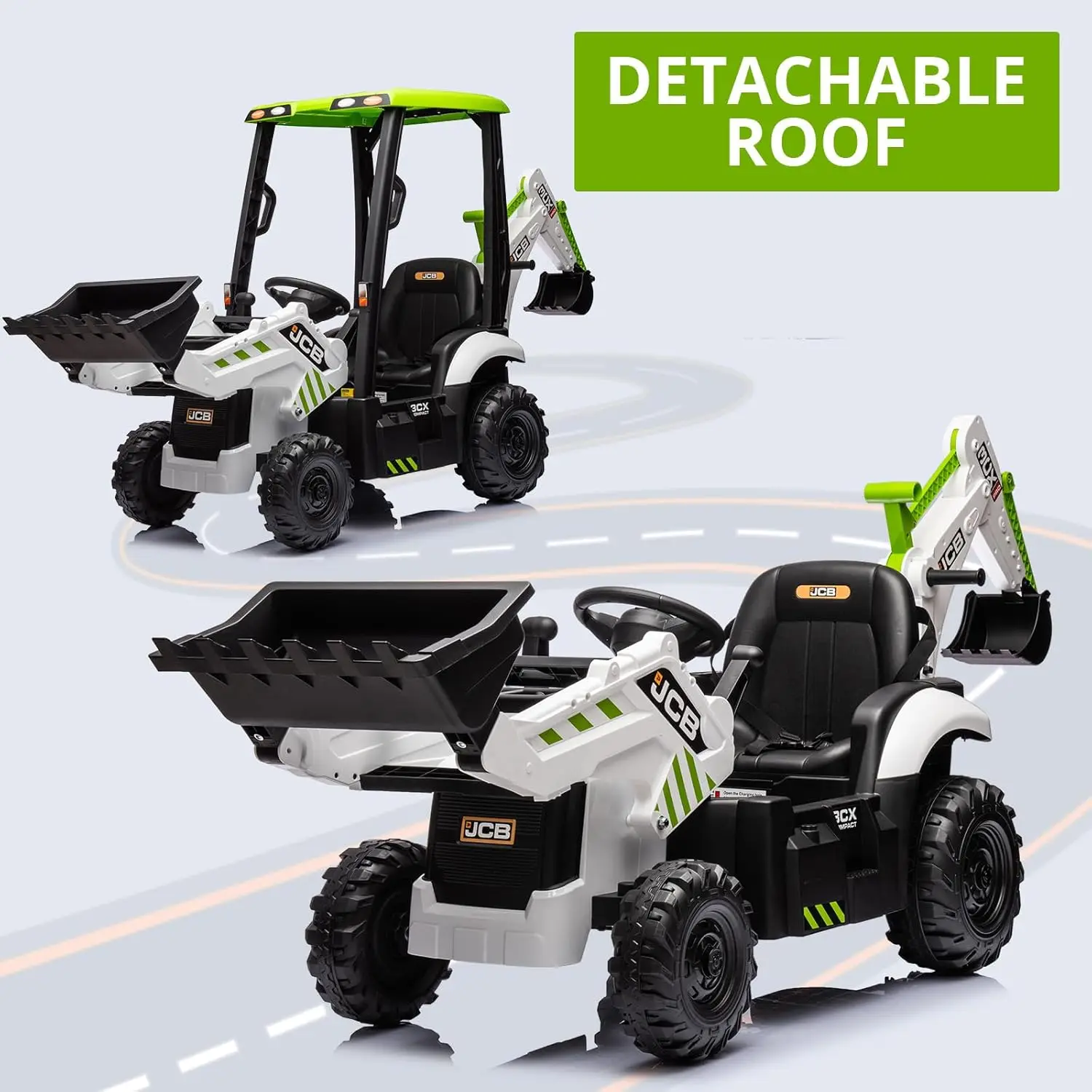 Macchinina giocattolo con terna elettrica JCB da 12 V, escavatore alimentato a batteria e giocattoli per veicoli da costruzione con pala gommata con telecomando