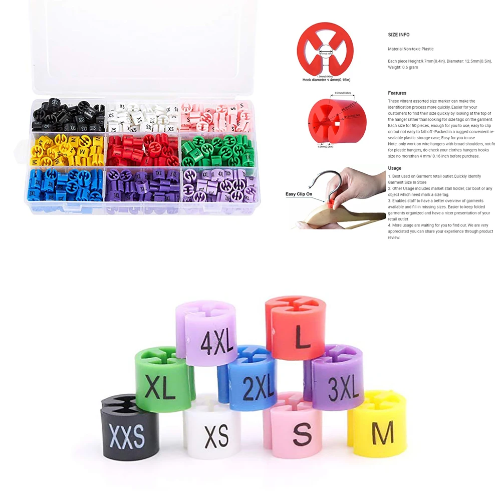 

450 Pcs Size Ring Clothes Hangers Plastic Marker Tags Assortment Kit Storage Box Garment Hanger Marker Efficient Use