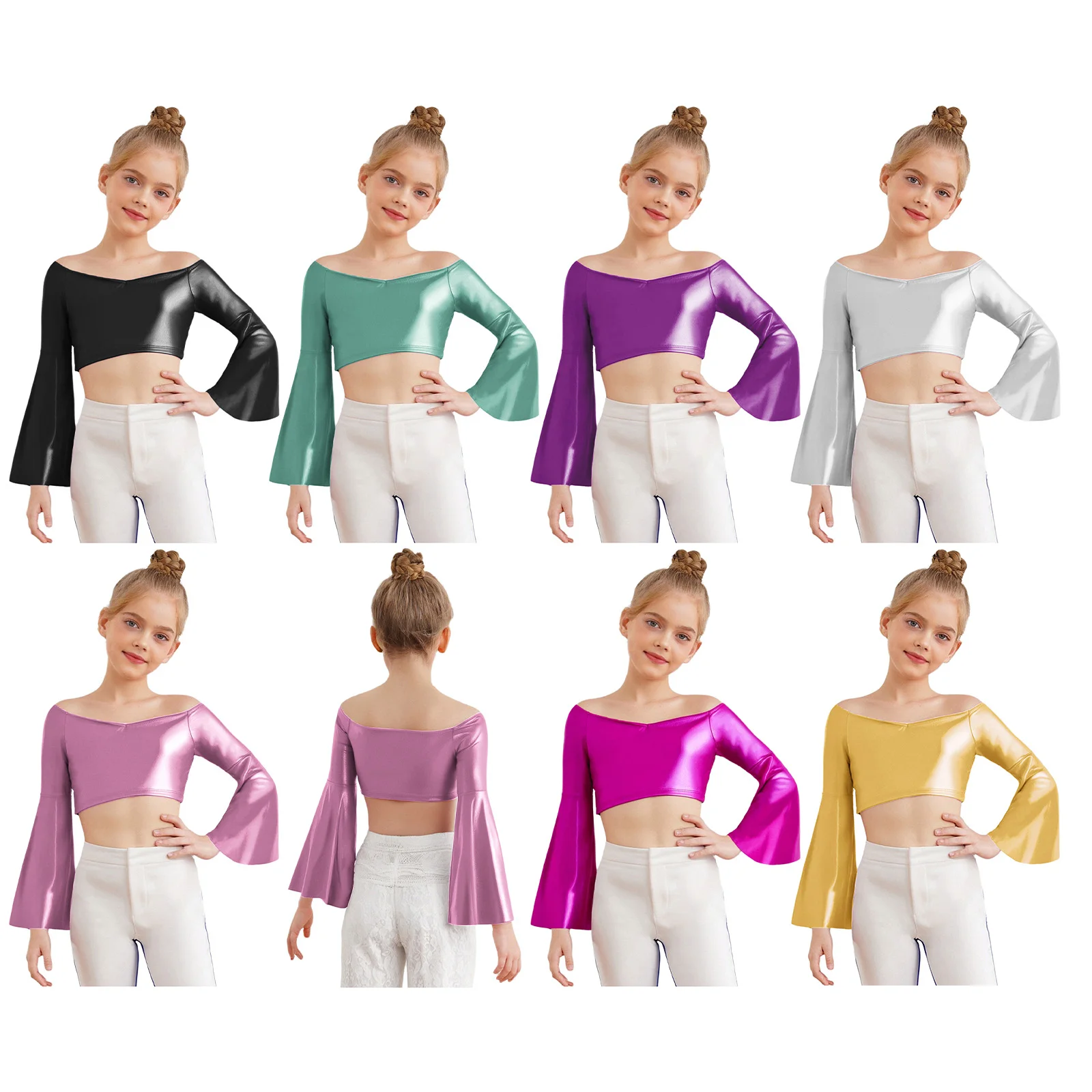 الفتيات الجاز الهيب هوب الرقص المحاصيل الأعلى متوهج كم خارج الكتف لامع تي شيرت للمدرسة التشجيع أداء التصوير الفوتوغرافي #2