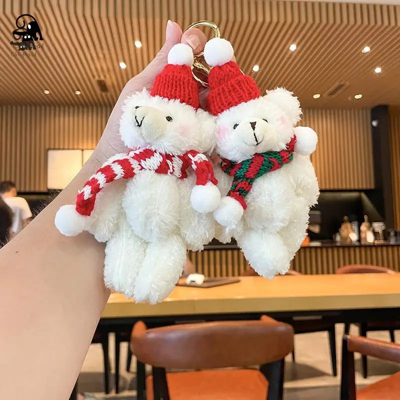 Cute Christmas Plush Bear Keychain Fuzzy Knitted Hat Long Scarf Holiday-themed Keychain Backpack Decoration Keychain