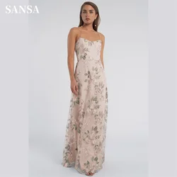 Sansa Boho Lace Spaghetti Strap Prom Dress Simple Flower Embroidery Vestidos De Noche Sleeveless Straight Lace فساتين السهرة