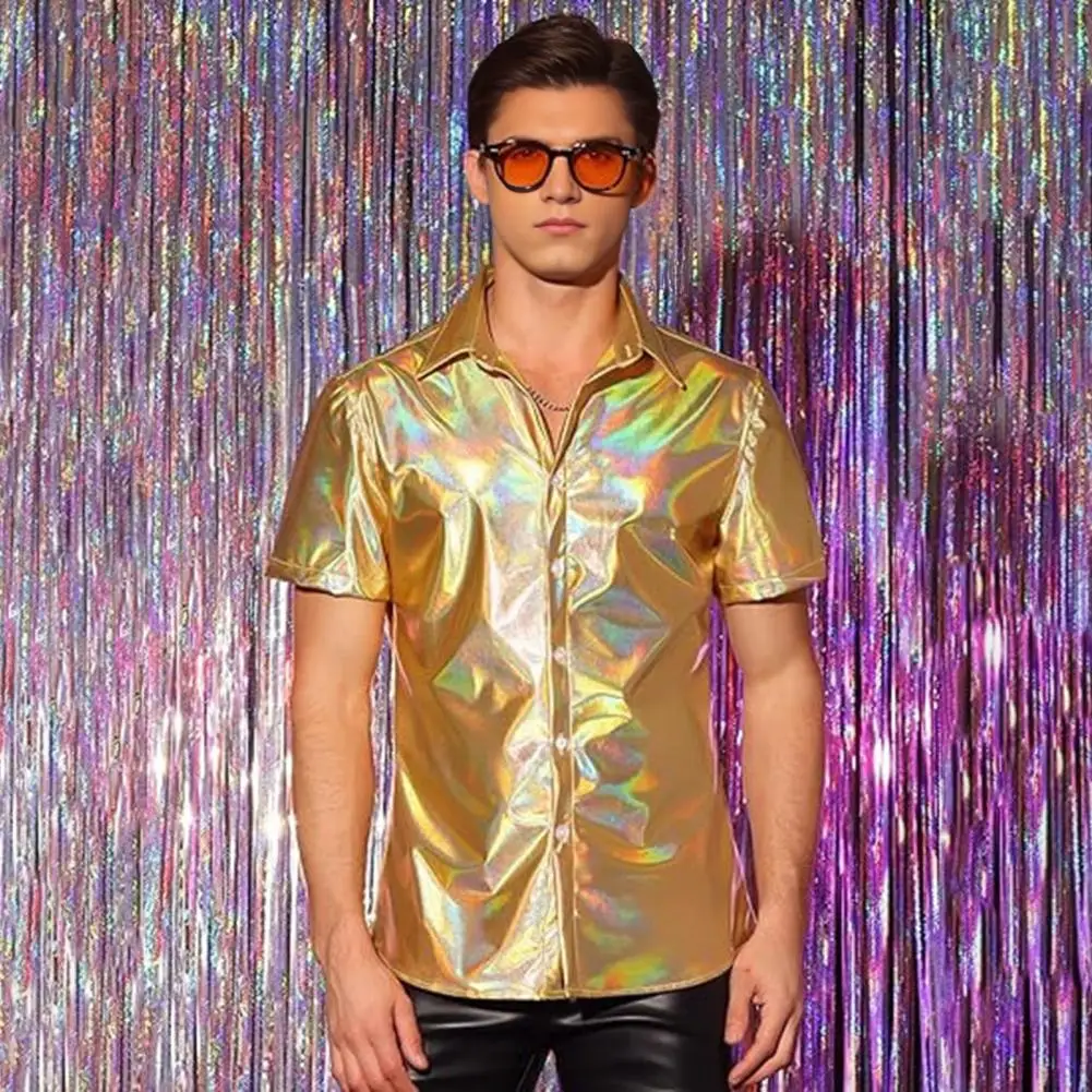 Performance Nightclub Dance Party Men's Shirt Shiny Metallic Shirt Short Sleeve Lapel Shirt Button-up Sparkling Disco Outfit