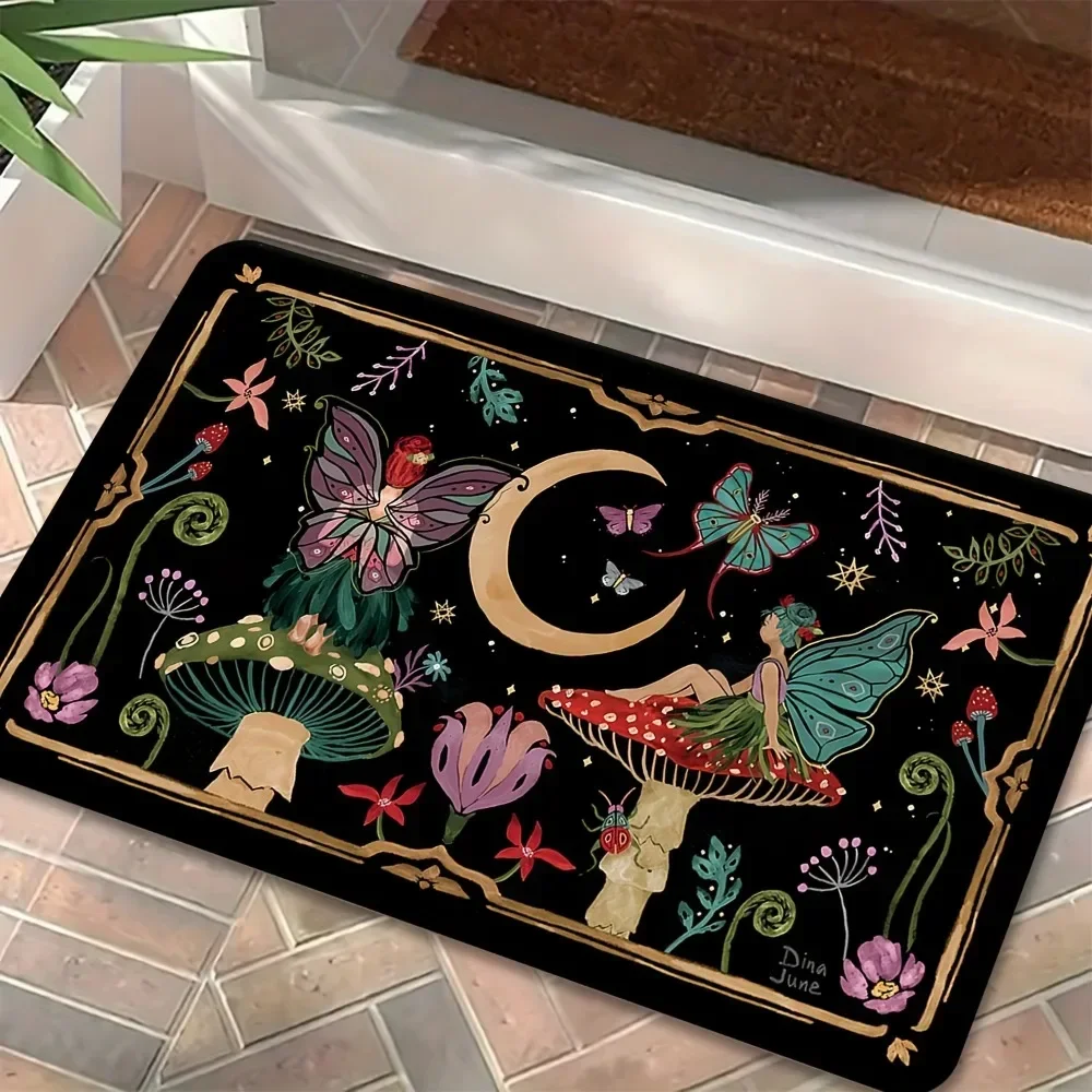 Magical Fairy Mushroom Moon Doormat Enchanted Garden Design For Front Door Entryway Non Slip Durable Floor Mat Perfect Gift