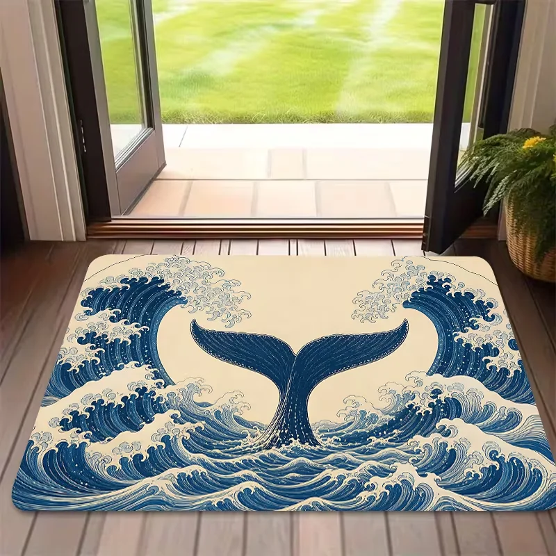 Chinese Lucky Koi Fish Lotus Doormat Waves Print Soft Entrance Rug Indoor Outdoor Feng Shui Decor Front Door Mat