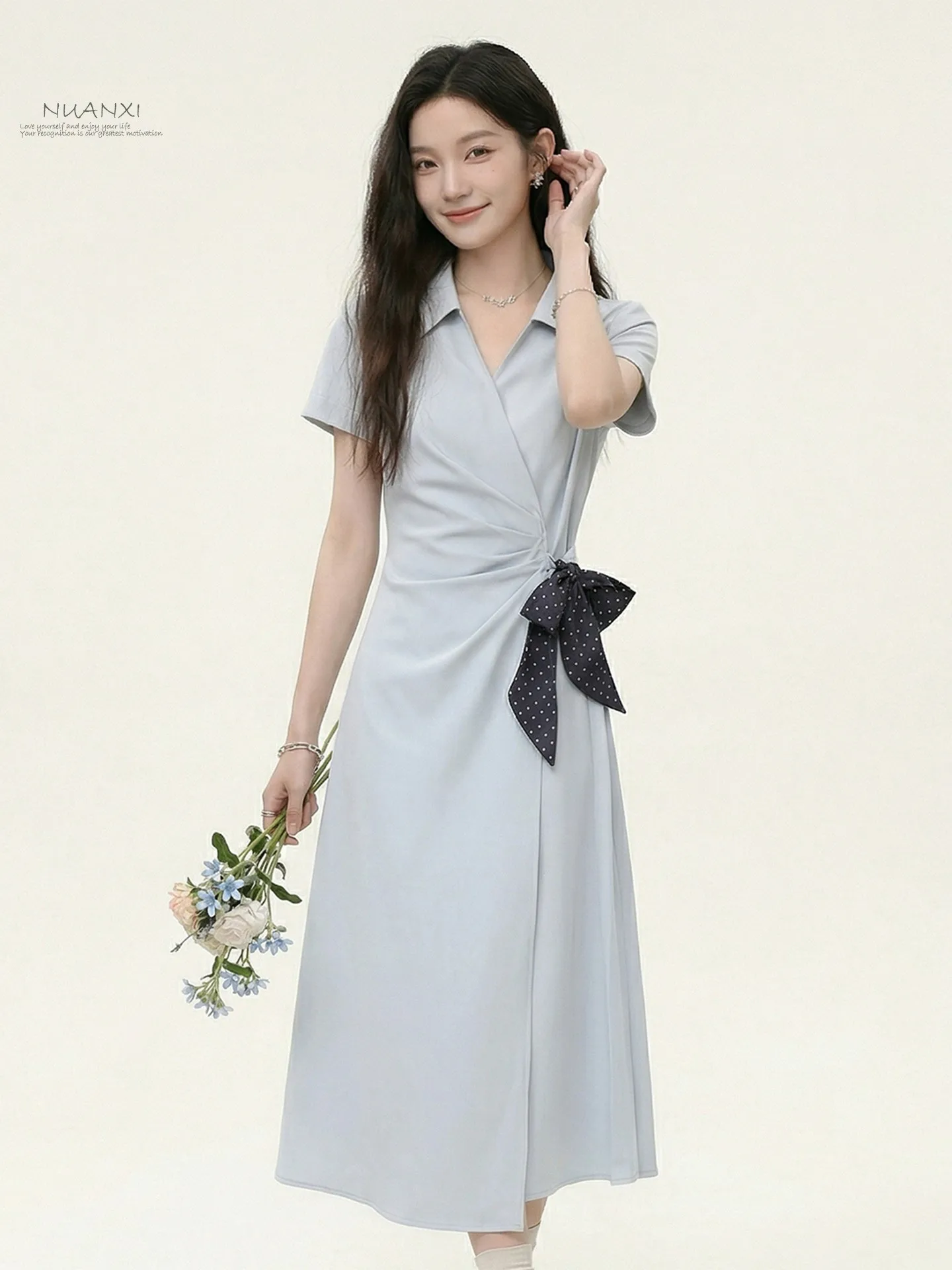 

Warm Nuanxi 2026 Women's Shirt Dress Knot Short Sleeve Waist Cinched Blue Elegant Commute Dress French Style A-Line...