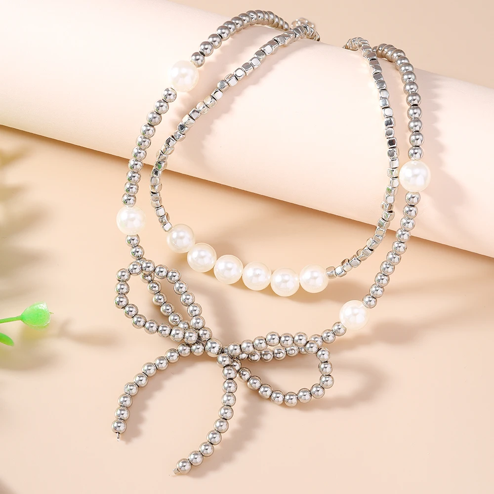 Aihua Cool Silver Color Pearl Bowknot Necklace Bohemian Beaded Bow Necklace for Women Trendy Jewelry Gift New