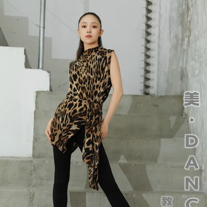 Customized Latin Dance Dress New Practice Outfit Teaching Class Leopard Print Mesh Sleeveless Lace Up Cover Dress