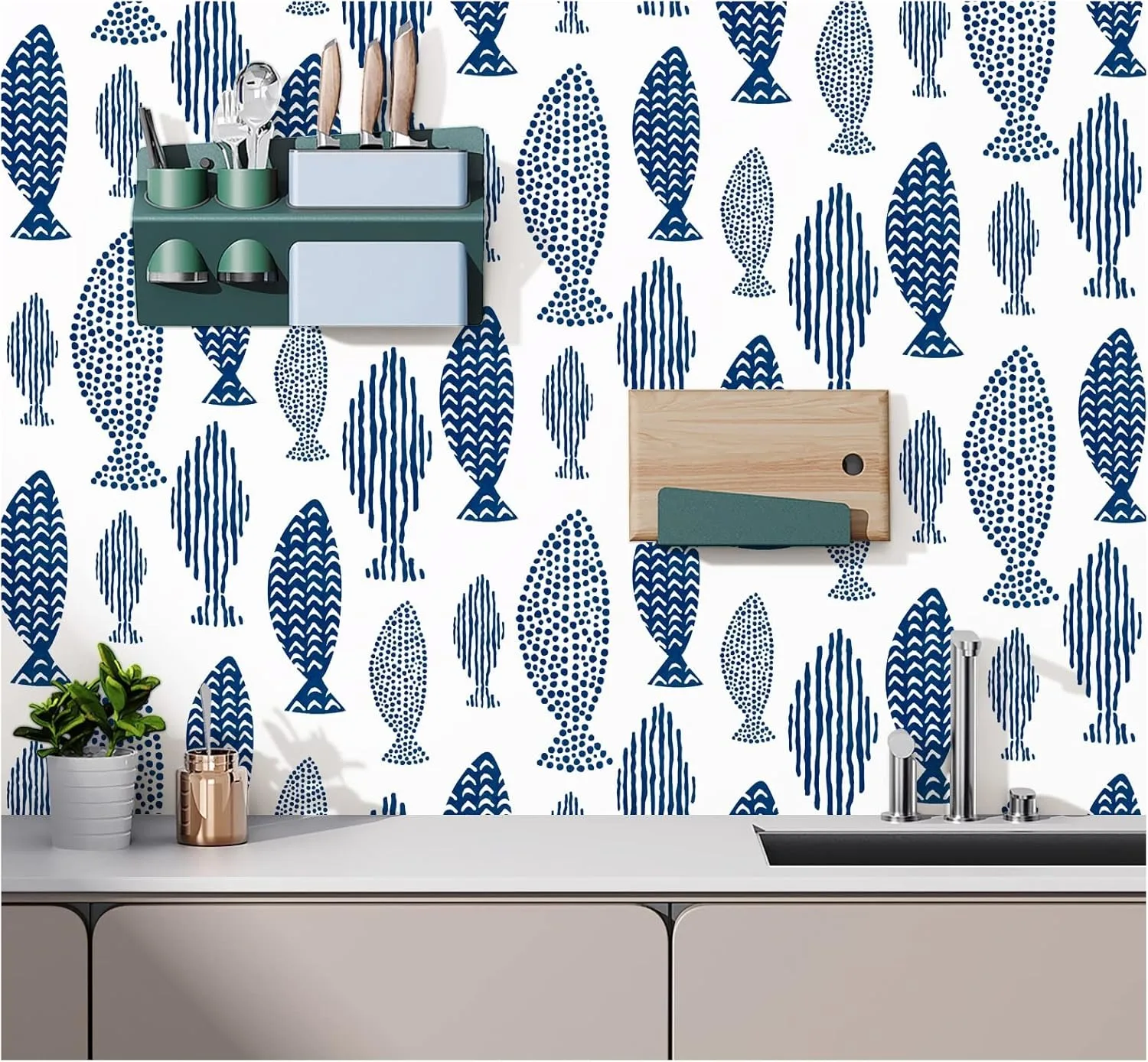 Peel and Stick Wallpaper Abstract Underwater WorldFish Trellis Indigo Blue Removable contactpaper for Home Bathroom Decorations