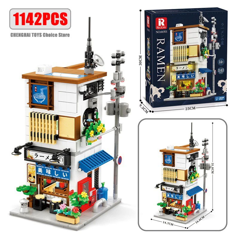 

1142PCS Japanese Style Ramen Building Blocks 2 in 1 Store Model with Lighting Bricks Desktop Decoration DIY Toys For Kids Gifts