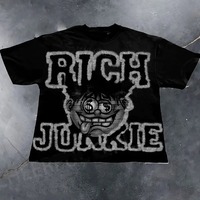 Men's Black T-shirt with Printed RICH JUNKIE Letters Creative Street Style Music Hip-hop Fashion Casual Tops