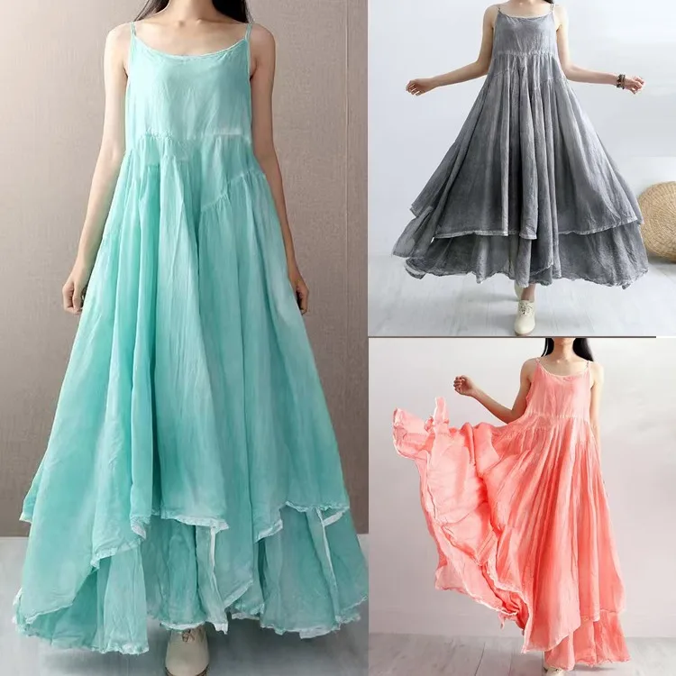 Vestido Longo de Linho Assimétrico de Camada Dupla com Alça e Barra Ampla, Estilo Artístico de Cor Pura, Novo para o Verão