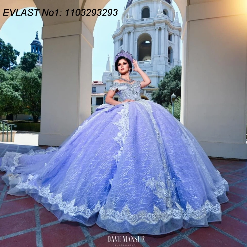 

EVLAST Customized Shiny Lavender Ball Gown Quinceanera Dress White Lace Applique Beading Sweet 16 Vestidos De 15 Anos E1QN171