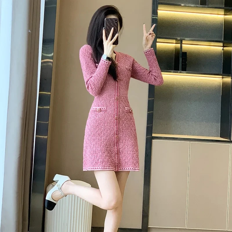 Korean Vintage Slim Knitted Dress Spring Summer Women Short Vestidos A-line Women Elegant Kleid Long Sleeve Fashion Dresses