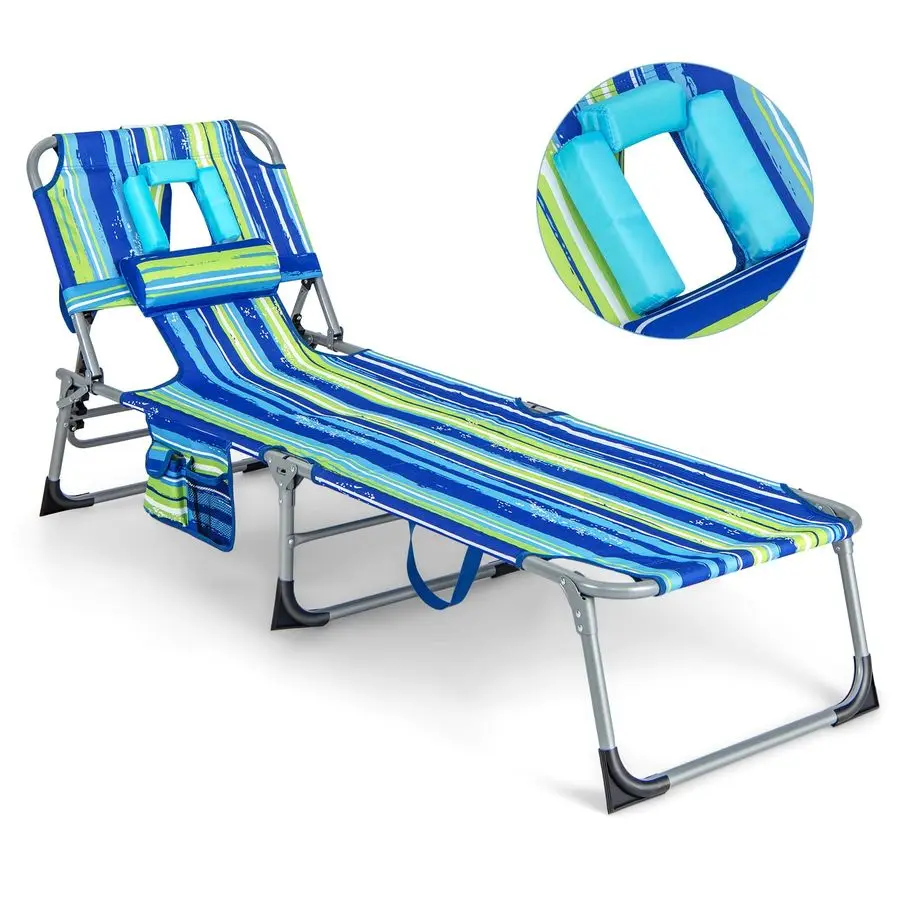 

Tanning Chair, Folding Beach Lounge Chair with Face ampArm Hole, 5Position Adjustable,Removable Pillow,Side Pocket, Sunbathing