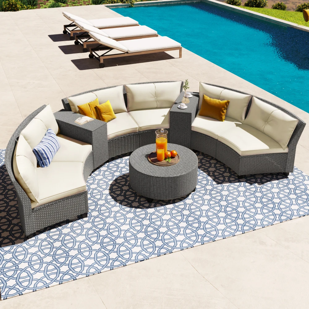 U_Style 6 - Person Fan-shaped Rattan Suit Combination with Cushions and Table,Suitable Garden Patio Furniture Set Outdoor Patio