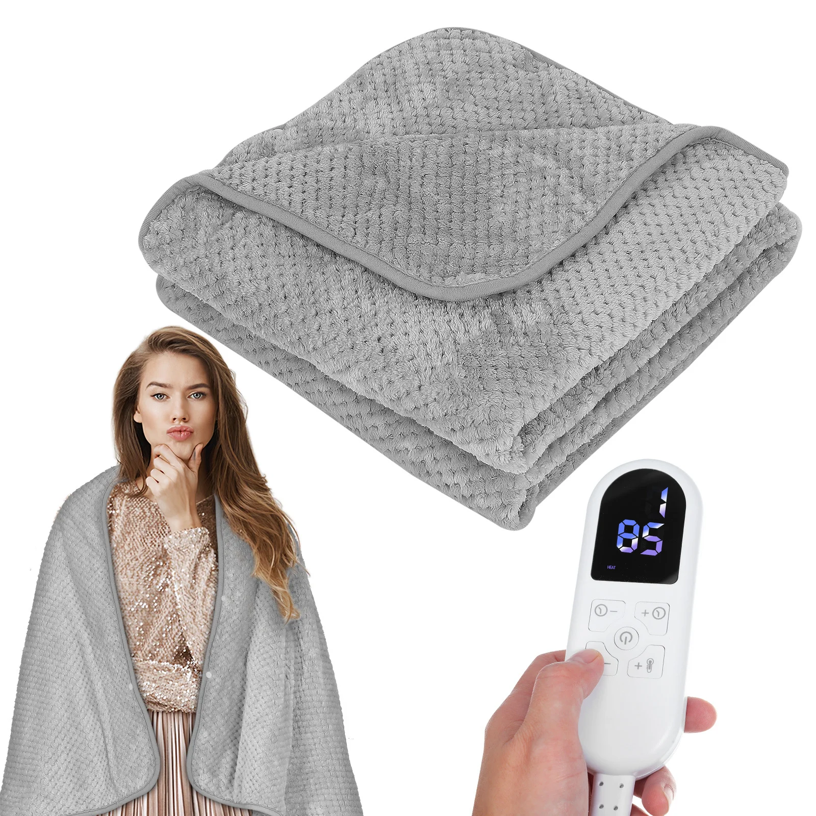 

Grey 150x80cm Electric Heating Blanket for Bed - 9 Level Temperature Control Fast Warm Flannel Throw for Cold Night - Heated